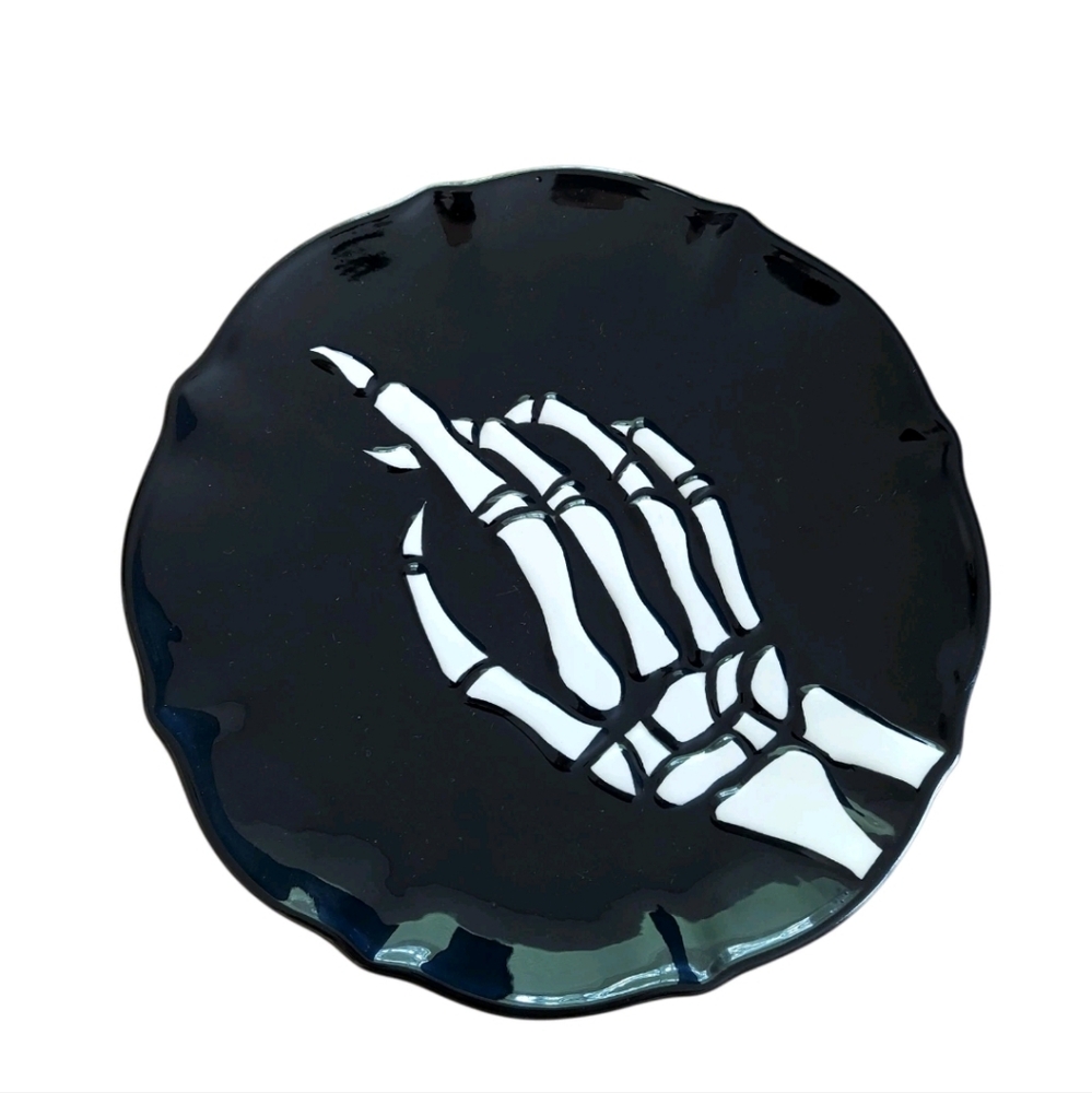 Skeleton Hand Ceramic Plate Dish Black 8" Halloween Fall Spooky New